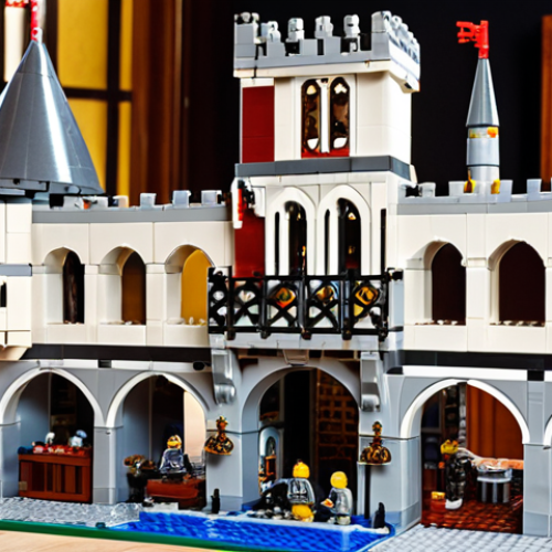 Home 11 **
A time-lapse photo sequence showing a LEGO Master Builder meticulously constructing a large medieval LEGO castle, incorporating drawbridges, towers, and battlements. The final frame should highlight the intricate interior details, including furniture and minifigures. Focus on architectural planning and engineering aspects.
**