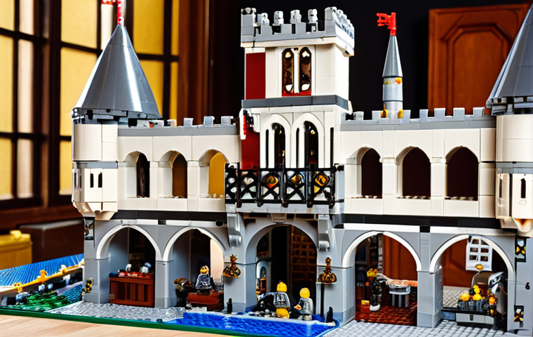 **
A time-lapse photo sequence showing a LEGO Master Builder meticulously constructing a large medieval LEGO castle, incorporating drawbridges, towers, and battlements. The final frame should highlight the intricate interior details, including furniture and minifigures. Focus on architectural planning and engineering aspects.
**