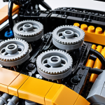 **

A close-up shot of a partially built LEGO Technic car engine, showcasing intricate gears and moving pistons. Focus on the detail and complexity of the mechanical engineering. Use dramatic lighting to highlight the different textures of the LEGO pieces.

**