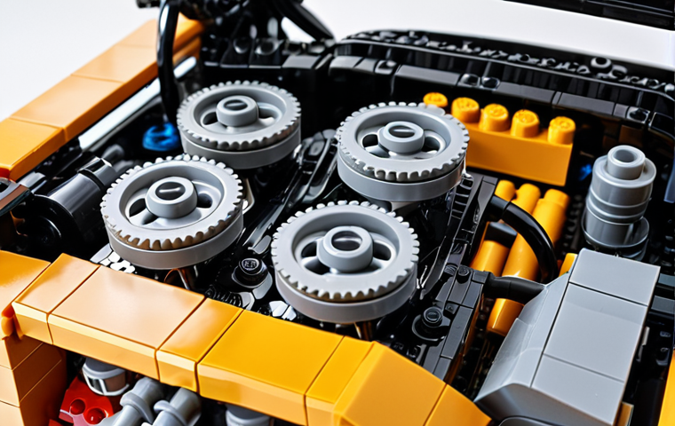 **
A close-up shot of a partially built LEGO Technic car engine, showcasing intricate gears and moving pistons. Focus on the detail and complexity of the mechanical engineering. Use dramatic lighting to highlight the different textures of the LEGO pieces.
**