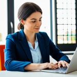 A focused professional woman, mid-30s, in a modest business casual top, intently looking at a laptop screen in a bright, modern home office. The screen displays a stylized interface resembling a LEGO.com VIP loyalty program dashboard, with points and discount vouchers visible. A neatly built, professional-looking LEGO set is subtly placed on the desk beside the laptop. The scene is well-lit with natural light, depicting a clean and organized workspace. Perfect anatomy, natural pose, correct proportions, well-formed hands, proper finger count. Professional photography, high quality, safe for work, appropriate content, fully clothed, modest attire, family-friendly.