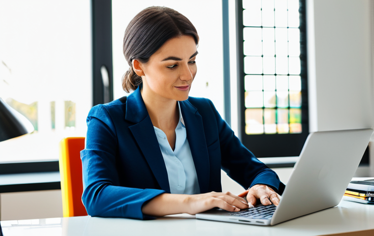 A focused professional woman, mid-30s, in a modest business casual top, intently looking at a laptop screen in a bright, modern home office. The screen displays a stylized interface resembling a LEGO.com VIP loyalty program dashboard, with points and discount vouchers visible. A neatly built, professional-looking LEGO set is subtly placed on the desk beside the laptop. The scene is well-lit with natural light, depicting a clean and organized workspace. Perfect anatomy, natural pose, correct proportions, well-formed hands, proper finger count. Professional photography, high quality, safe for work, appropriate content, fully clothed, modest attire, family-friendly.