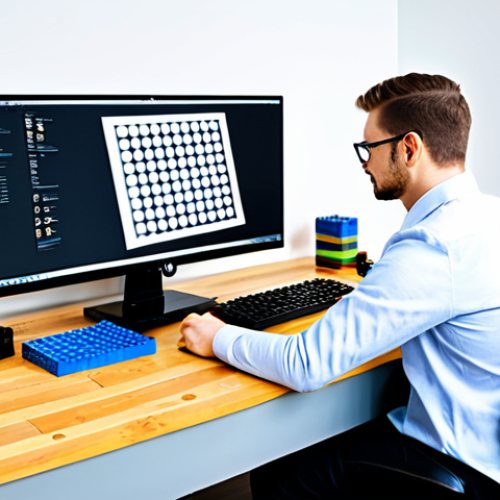 Home 20 A professional adult designer, fully clothed in a modest, appropriate business casual outfit, sitting at a clean, modern desk. They are intently focused on a large monitor displaying intricate 3D design software (such as BrickLink Studio) with a complex custom LEGO model, while also making rough pencil sketches in a notebook. The desk is organized with a few colorful LEGO bricks, drafting tools, and a minimalist lamp. The background is a bright, minimalist studio space with soft ambient lighting, creating a calm and creative atmosphere. perfect anatomy, correct proportions, natural pose, well-formed hands, proper finger count, natural body proportions, professional photography, high quality, safe for work, appropriate content, fully clothed, professional.