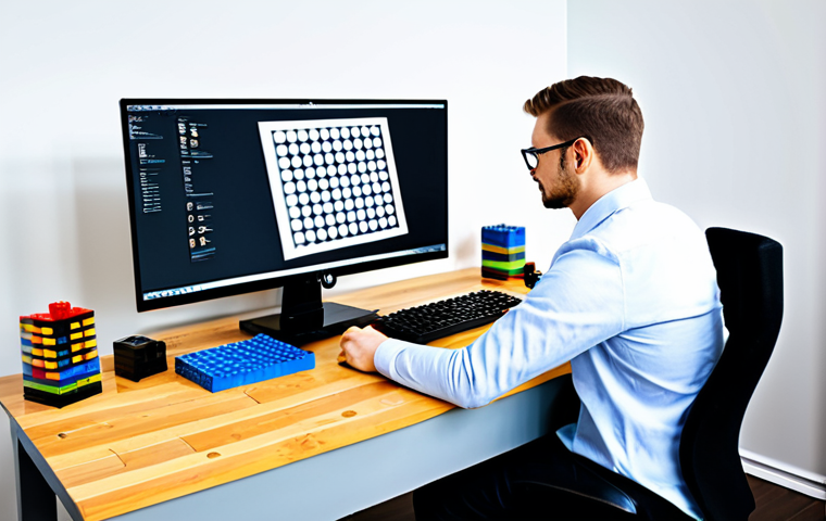 A professional adult designer, fully clothed in a modest, appropriate business casual outfit, sitting at a clean, modern desk. They are intently focused on a large monitor displaying intricate 3D design software (such as BrickLink Studio) with a complex custom LEGO model, while also making rough pencil sketches in a notebook. The desk is organized with a few colorful LEGO bricks, drafting tools, and a minimalist lamp. The background is a bright, minimalist studio space with soft ambient lighting, creating a calm and creative atmosphere. perfect anatomy, correct proportions, natural pose, well-formed hands, proper finger count, natural body proportions, professional photography, high quality, safe for work, appropriate content, fully clothed, professional.