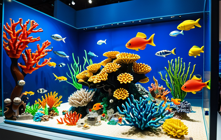 레고 브릭으로 조립한 친환경 작품 - **Prompt:** A vibrant LEGO model of a coral reef teeming with colorful fish and marine life, display...