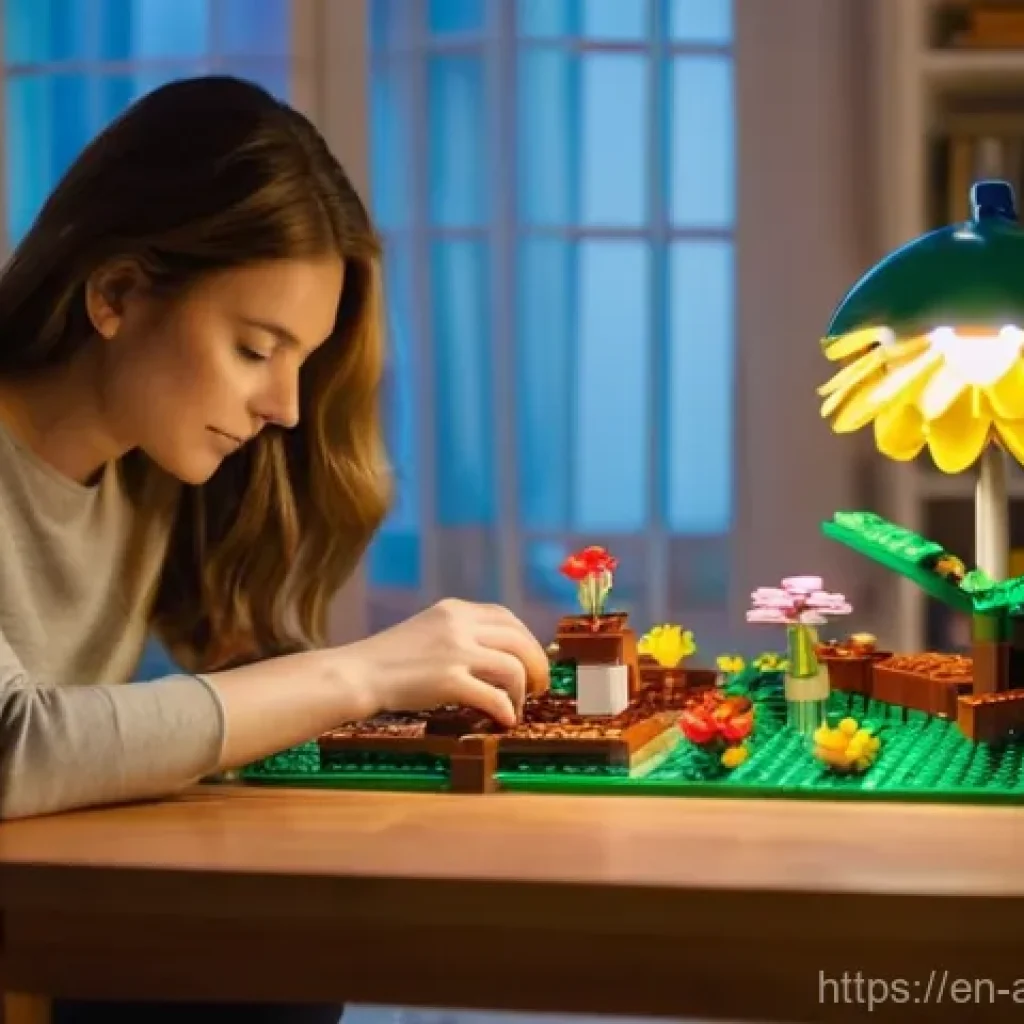 레고 조립의 치유 효과 - **"A serene, focused adult woman in her late 20s, wearing comfortable lounge clothes (a long-sleeved...