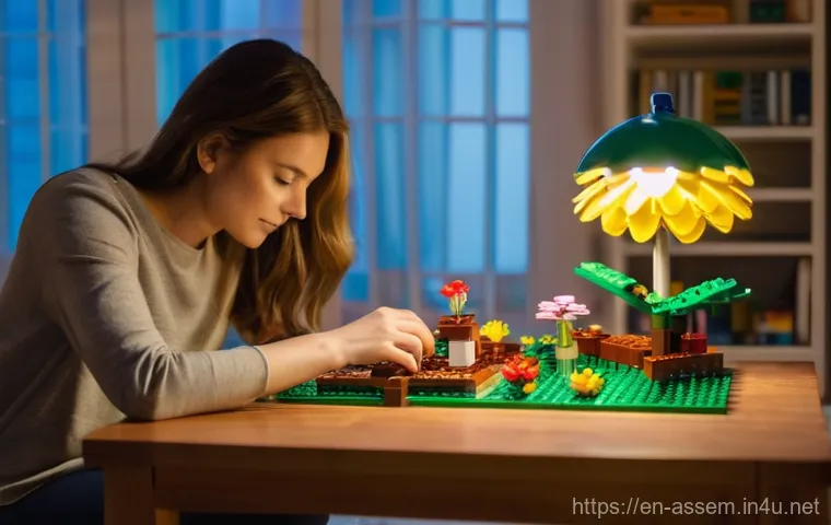 레고 조립의 치유 효과 - **"A serene, focused adult woman in her late 20s, wearing comfortable lounge clothes (a long-sleeved...