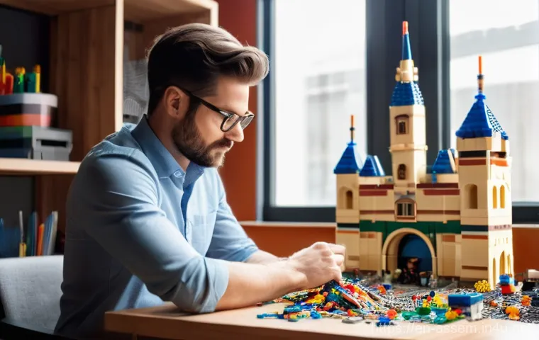 레고 조립의 치유 효과 - **"A serene, focused adult woman in her late 20s, wearing comfortable lounge clothes (a long-sleeved... 레고 조립의 치유 효과 - **"A serene, focused adult woman in her late 20s, wearing comfortable lounge clothes (a long-sleeved...