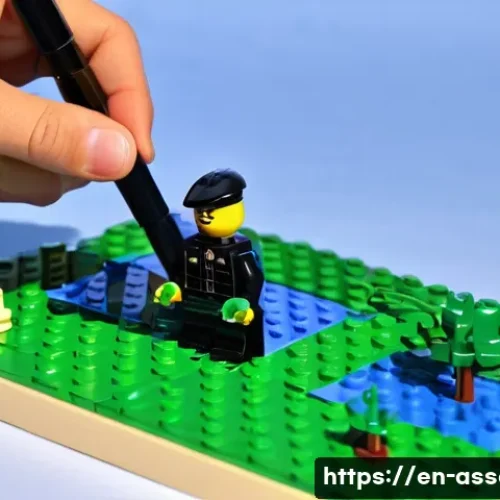 레고와 스톱모션 애니메이션 제작 - A close-up, high-angle shot of a stop-motion animation workstation. In the foreground, a modern smar...