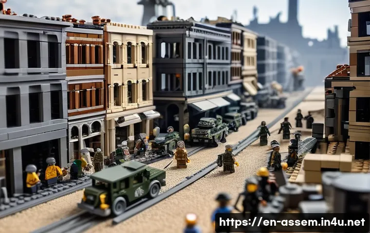 레고로 재현한 유명 전투 장면 - A vast and incredibly detailed LEGO diorama depicting a pivotal World War II urban battlefield scene...