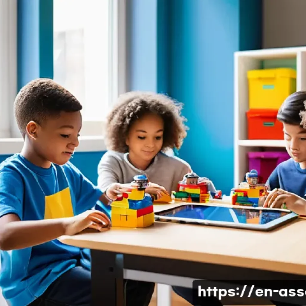 레고로 학습하는 기초 프로그래밍 - A vibrant classroom scene where diverse children aged 8-12 are collaboratively building and programm...