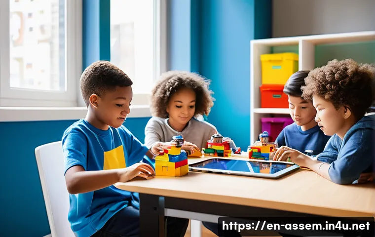 레고로 학습하는 기초 프로그래밍 - A vibrant classroom scene where diverse children aged 8-12 are collaboratively building and programm...