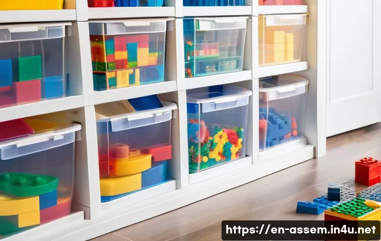 레고 브릭 스토리지 박스 추천 - A bright, well-organized playroom corner featuring a tall wall of clear, stackable plastic storage c...