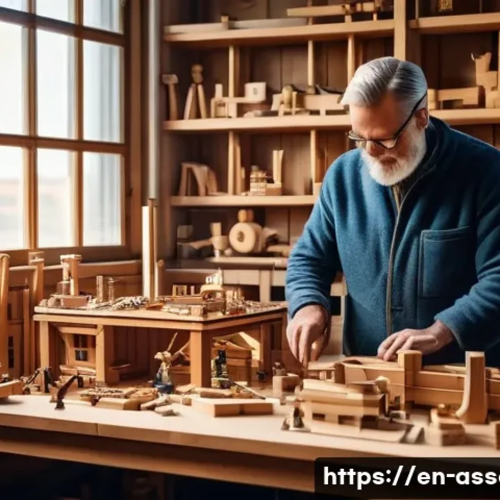 레고 인스퍼레이션 스토리 - A detailed scene inside a vintage Danish carpenter&rsquo;s workshop from the 1930s, featuring Ole Kirk Chr...