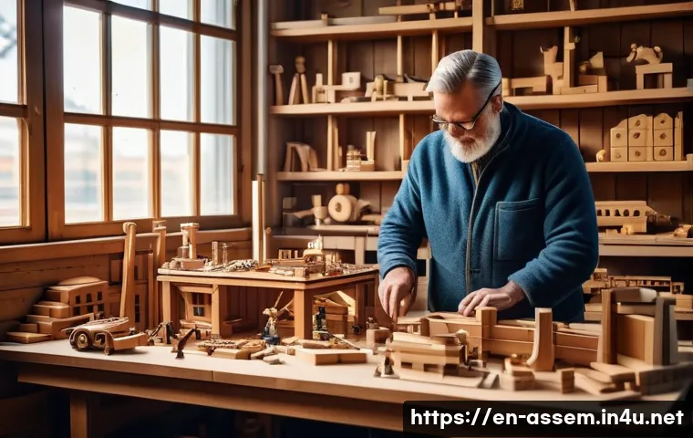 레고 인스퍼레이션 스토리 - A detailed scene inside a vintage Danish carpenter’s workshop from the 1930s, featuring Ole Kirk Chr...