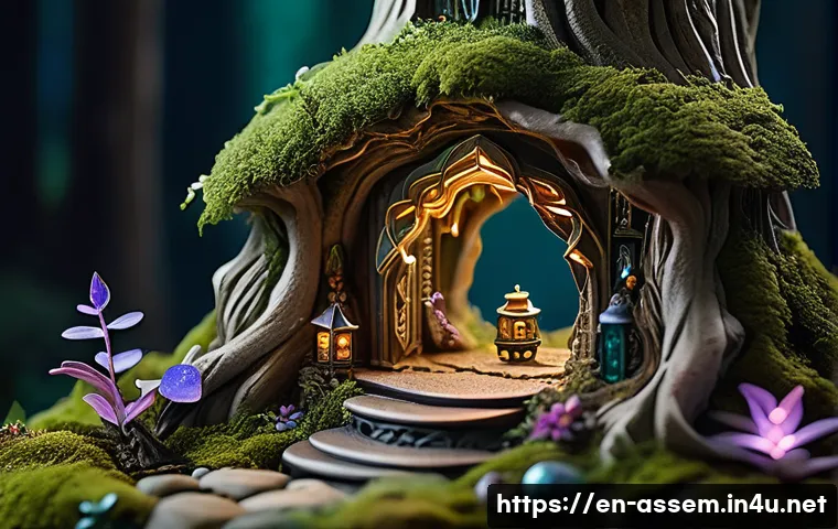 레고 엘프의 숲 시리즈 - A vibrant enchanted forest scene at twilight featuring towering ancient trees with flowing vines and...