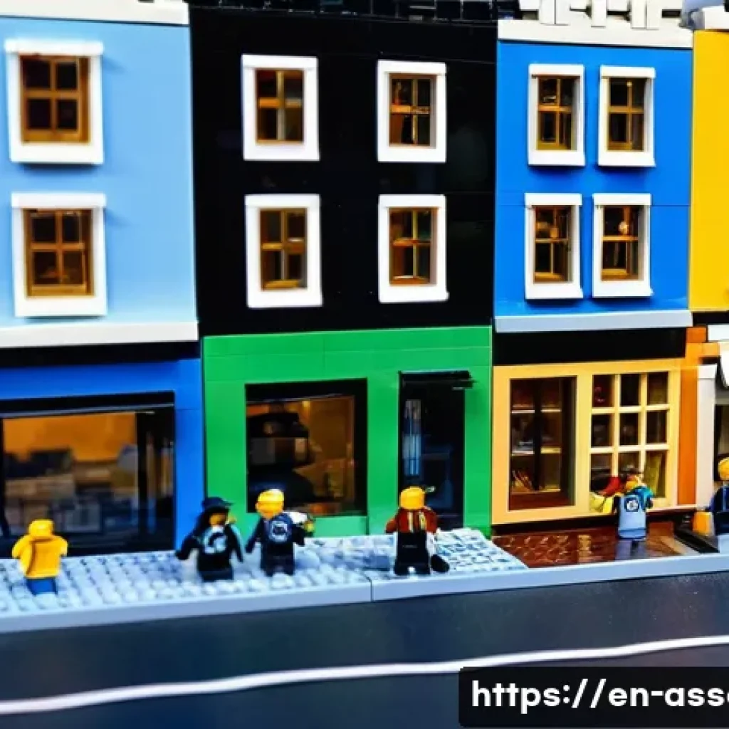 레고 창작가 커뮤니티 탐방 - A highly detailed LEGO cityscape at dusk, showcasing advanced SNOT building techniques with smooth s...