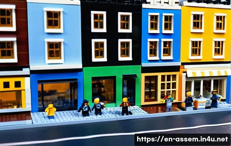 레고 창작가 커뮤니티 탐방 - A highly detailed LEGO cityscape at dusk, showcasing advanced SNOT building techniques with smooth s...