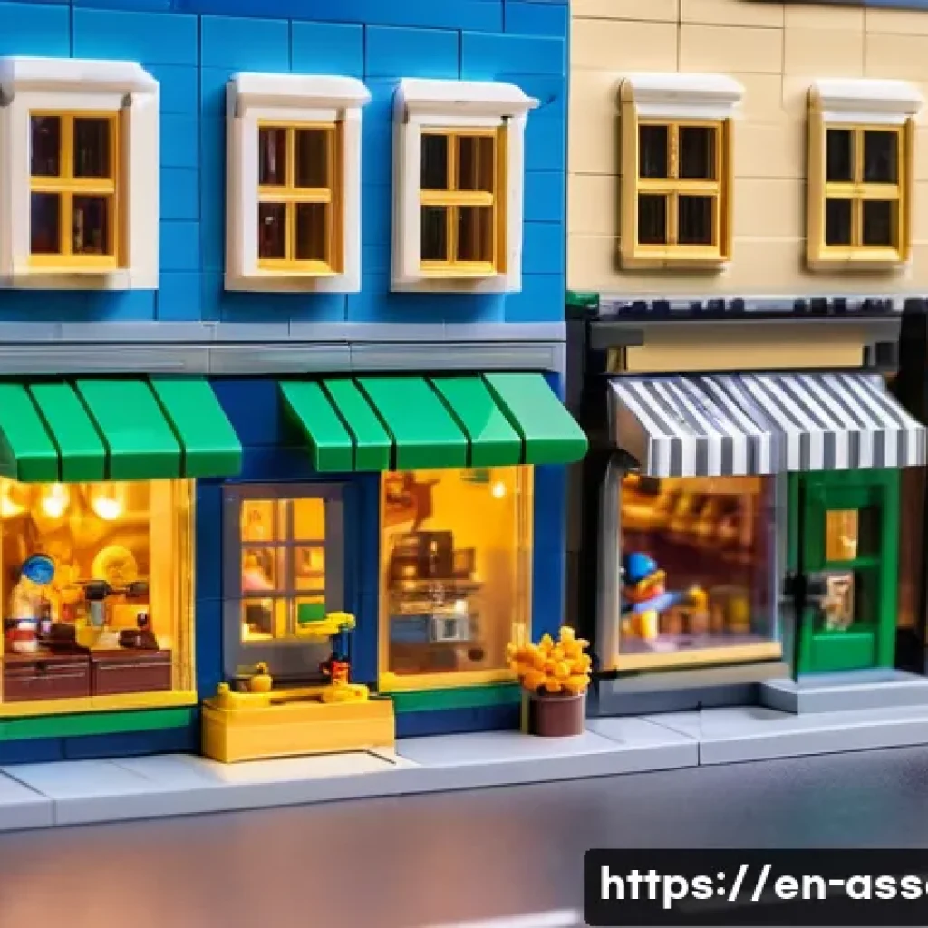 레고 크리에이터 시리즈 조립 가이드 - A detailed, vibrant LEGO Creator 3in1 Townhouse Toy Store scene showcasing a modular building with c...