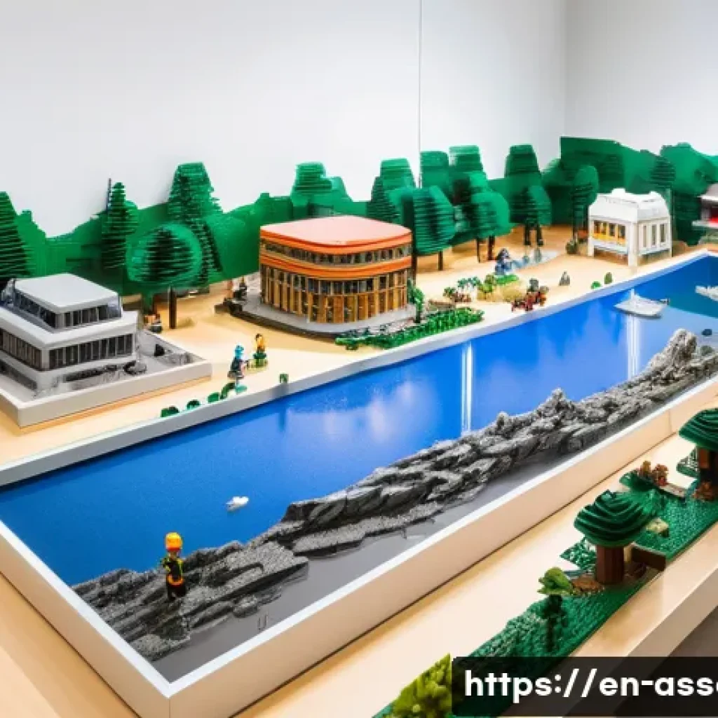 레고 DIY 전시 준비법 - A detailed LEGO exhibition layout in a spacious, well-lit gallery room featuring multiple themed sec...