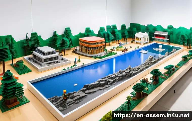 레고 DIY 전시 준비법 - A detailed LEGO exhibition layout in a spacious, well-lit gallery room featuring multiple themed sec...