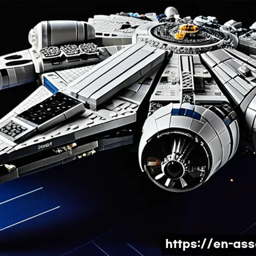 레고 스타워즈 인기 세트 - A highly detailed LEGO Millennium Falcon model displayed on a sleek black stand, capturing every int...