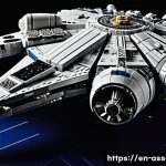 Home 22 레고 스타워즈 인기 세트 - A highly detailed LEGO Millennium Falcon model displayed on a sleek black stand, capturing every int...