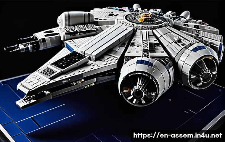 레고 스타워즈 인기 세트 - A highly detailed LEGO Millennium Falcon model displayed on a sleek black stand, capturing every int...