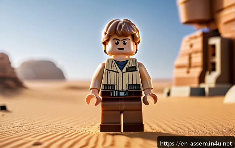 레고 스타워즈 루크 스카이워커 세트 - A highly detailed LEGO Luke Skywalker figure standing heroically on a miniature Tatooine desert dior...