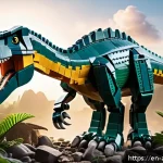 Home 18 레고 크리에이터 공룡 시리즈 - A highly detailed scene featuring a modular LEGO-style dinosaur hybrid, combining a T-Rex tail with ...