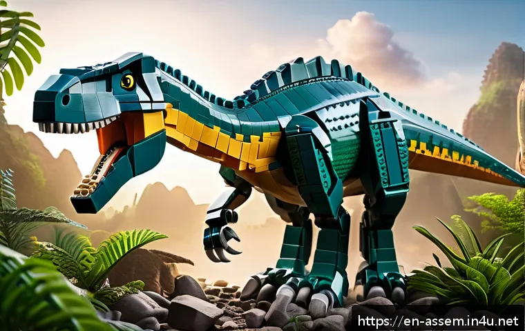 레고 크리에이터 공룡 시리즈 - A highly detailed scene featuring a modular LEGO-style dinosaur hybrid, combining a T-Rex tail with ...