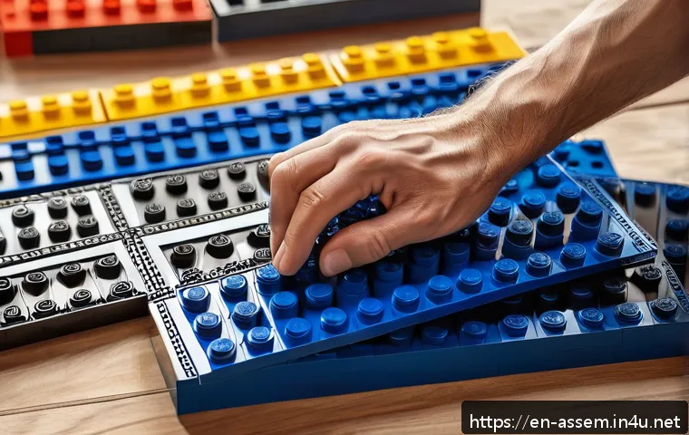 레고 전문가의 조립 팁 - A detailed close-up of a LEGO builder&rsquo;s hands carefully aligning and pressing together staggered lay...