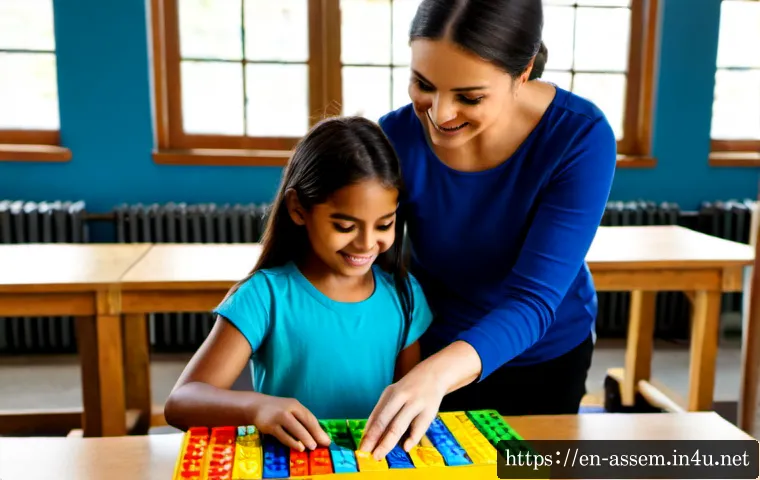레고 조립 멘토링 프로그램 - Photorealistic community mentoring workshop, a friendly adult mentor guiding two children as they bu...