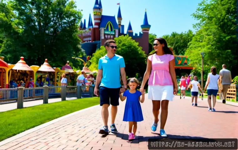 Home 17 레고 테마파크 리뷰 - Photorealistic family-friendly brick-building theme park review scene, wide eye-level view of a chee...