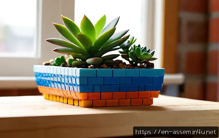 Home 17 레고 브릭을 활용한 이색 공예품 - Photorealistic artisan tabletop scene featuring a miniature succulent planter creatively built from ...